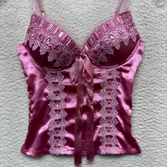 Y2K Vintage Barbie Pink Princess Cami Camisole Top S Small Satin Rhinestone - Picture 3 of 11
